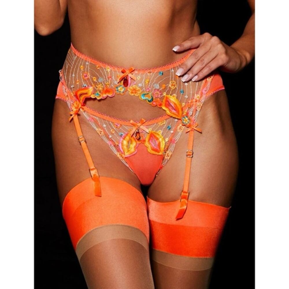 Honey Birdette Dixie Orange Bra 30G And Garter XS Embroidered Sheer Set - Picture 3 of 8